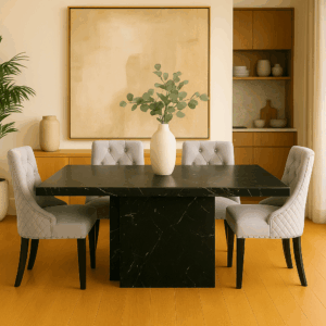 Modern black marble dining table with subtle white veining and stainless steel accent, placed in a luxurious kitchen interior.