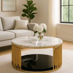 Carmel round coffee table with white marble top, black glass bottom shelf, and gold cylindrical frame design.