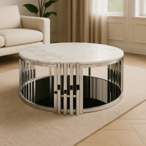 Modern round Carrara marble coffee table with stainless steel silver frame – SKM Furniture