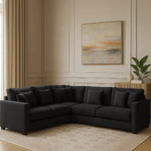 Baxter modular lounge in black fabric with generous seating and L-shape corner design, perfect for spacious contemporary living rooms